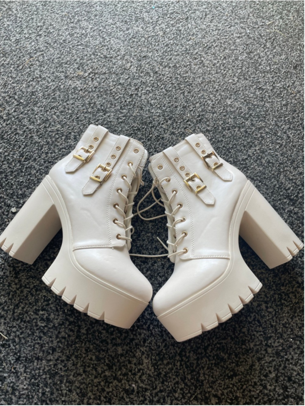 Women's White Platform Lace-Up Buckle Boots